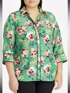 Ralph Lauren Green Floral Button-Front Blouse with Black Piping